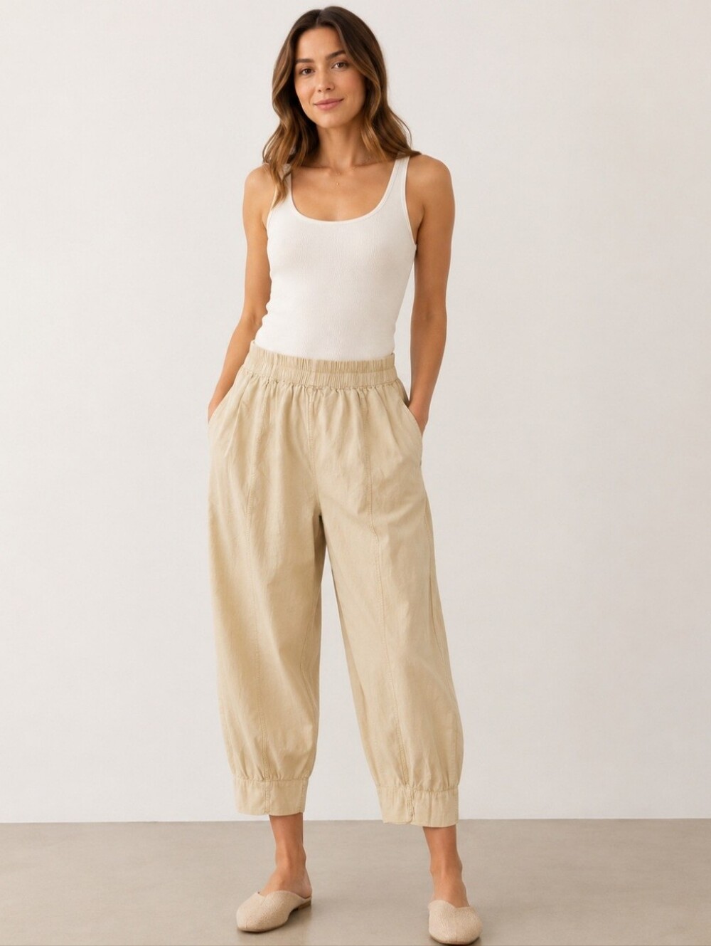 Free People beige harem barrel pants size S pull-on cropped jogger boho coastal
